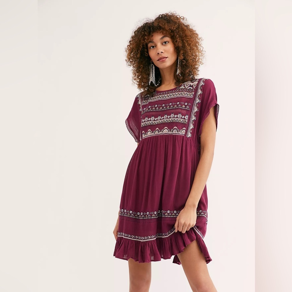 Free People Burgundy Embroidered Boho Dress Size Large